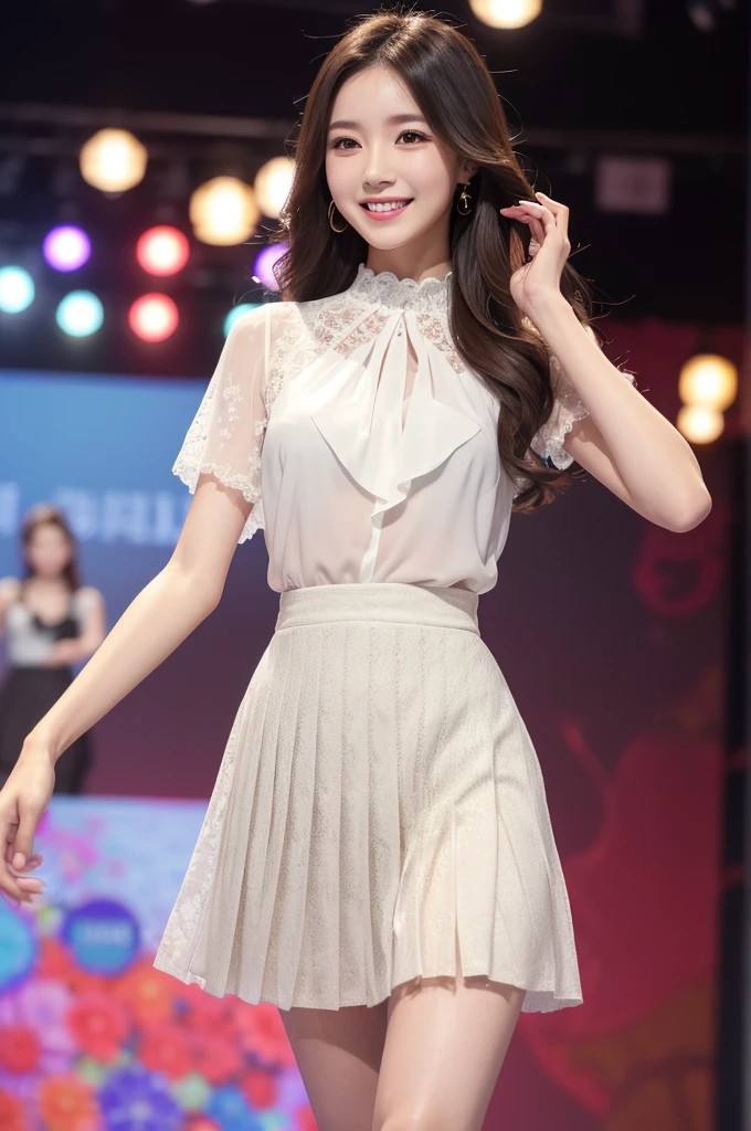 Amazingly large eyes、Smiling expression with white teeth visible、H cup bust、50cm waist、Slender and fair-skinned、Japan woman with long hair、20-year-old、Slim figure、Wearing a pleated skirt and a sheer lace blouse that flutters in the vivid breeze、Wearing high heels。On the runway at a fashion show、Her whole body was shown, from her high heels to her head, as she walked towards the viewer.、Bright, photo-quality images。