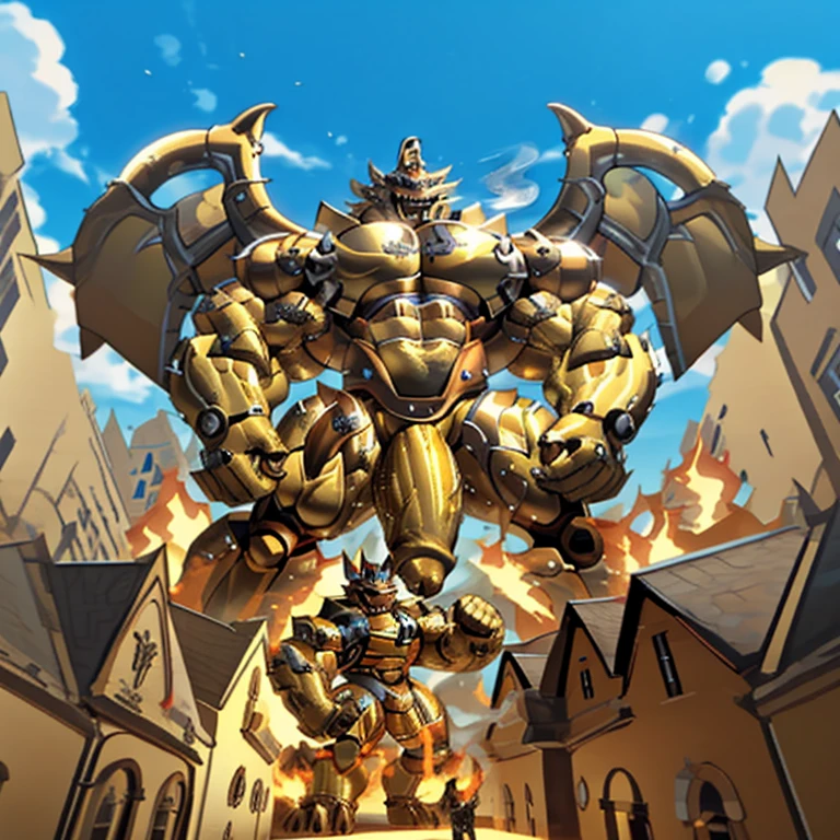 (solo. masterpiece. official art. 8k. best quality. detailed full body. full body.) (situation 1 : dominating Shiny_Mega_Lucario. Shiny_Mega_Lucario is over 1000 meters long. focus GIANT mechanical Muscular Shiny_Mega_Lucario is trampling the city. Looking down. macro. stomp. Low-angle perspective. emphasizing the immense size.)

(situation 2 :smoke and flames rising from the destruction in the city)

(Additional details 1: wearing a full-face helmet. golden armor. garo. high-tech bio-mecha armor. real texture material. whole body shines like metal. Wearing cyberpunk mecha. emphasizes the muscles. suit fully made of metal. suit fully made of metal. cyborg. no face.).

(Additional details 2: (Detailed head. Detailed Body. Detailed abs. gigantic muscles. HYPER MUSCLES. Gigachad Muscular. big muscle. pecs. triceps. traps. unusually developed muscular body. body full of huge muscles. showing off muscles. pectorales enormes. Exaggeratedly huge muscles. huge muscles. long legs.).

(Additional details 3: Spread wings. It has wings. have big wings. The claws are sharp. Sharp teeth).

(Additional details 4: golden hyper penis. hyper golden penis. big penis)