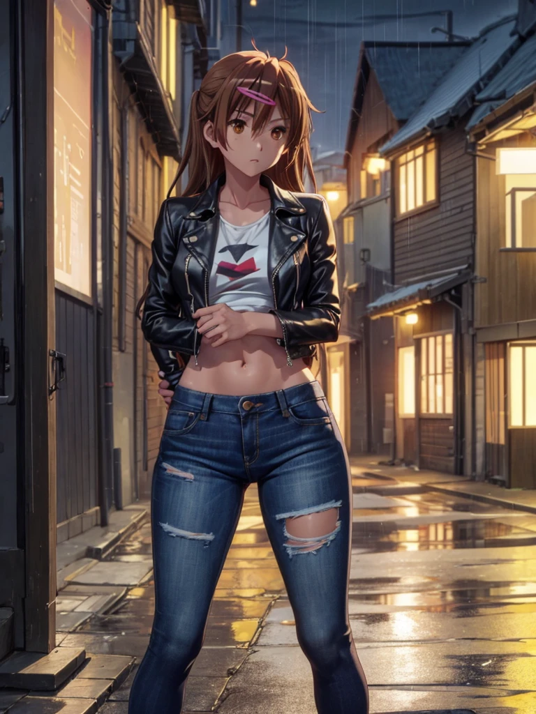 Girl, short tight jeans shorts, leather short jacket , You can see her breasts,  street background, openlegs, night, Narrow alley between houses, night, rain, Sneakers, Bare chest, small breast, slim body, You can see the thong 