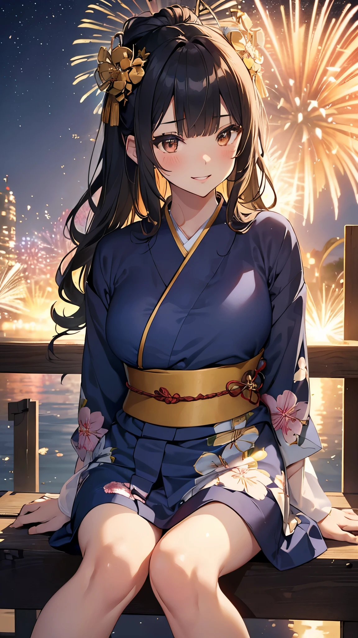 Anime girl in a kimono sitting on the stairs with fireworks in the background、(Tabletop:1.3), High resolution, Ultra-detailed, Highly detailed CG Unity 8k wallpaper, Realistic, Photorealistic, RAW Photos, Beautifully detailed face, Pale skin, Realistic glitter skin, Detailed cloth texture, Detailed hair texture, Perfect body, Beautiful Face, Acura, Anatomically correct, Highly detailed face and skin texture, Natural neck length, (Beautiful Hands), (Fair skin:1.2), Thin legs, Thin legs, (Teeth are neatly arranged:1.1), Sweaty skin, 
break, 
Fine grain, Symmetrical eyes, Light brown eyes, double eyelid, Thin eyebrows, (Glossy Lips:1.4), ((Cute smile:1.2)), (blush:1.1), (Glowing little hair ornament:1.1), 
break, 
(Elegant girl:1.3), (wear (Navy blue yukata:1.2) There is a white floral pattern), 
break, 
Large Breasts, Slim figure, Toned Abs, 
((Updo, Dark gold hair, Wavy Hair, Long Hair, Asymmetrical bangs:1.2)), (Close-up shot:1.2), (A sideways glance at the audience:1.1), From next to me, 
break, 
((Sit on the stairs，Gently lift your chin in Odaiba:1.2)), ((Huge colorful fireworks bloom in the night sky:1.2)),