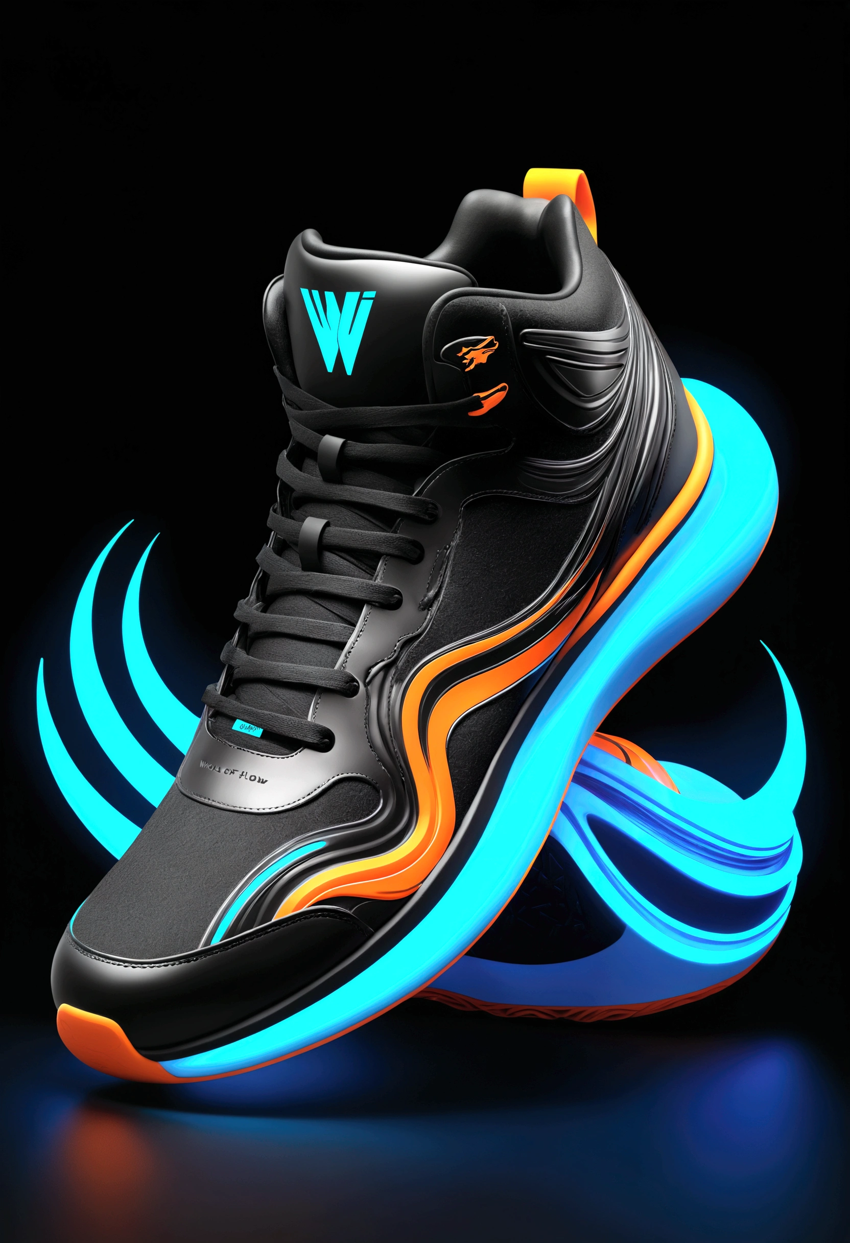 A mesmerizing digital illustration of Wolf of Flow's sneakers, rendered in a sleek band logo text style, adorned with vibrant neon X waves logo accents, set against a bold, glossy solid black background that accentuates the shoe's futuristic design. The aesthetic is edgy, high-tech, and cinematic, with an atmosphere of dynamism and energy. Electric blue and radiant orange hues electrify the neon X waves, contrasted with the rich, matte black of the background, ensuring an ultra-high-resolution, top-notch quality output that's nothing short of stunning.