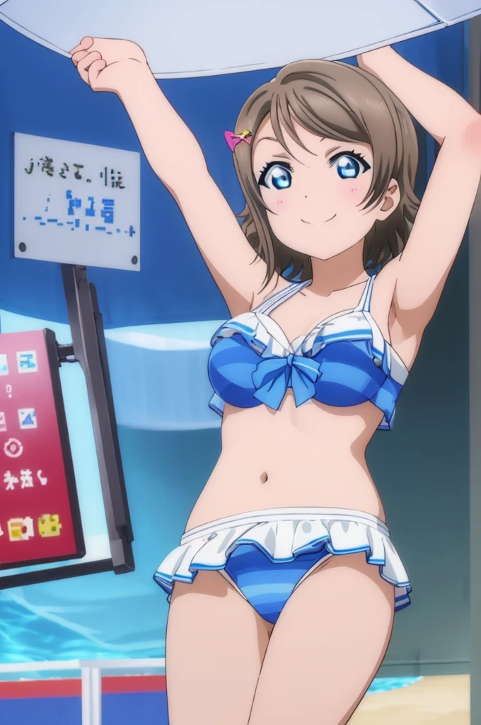 (((pixel-perfect, detail-perfect))), solo, 1girl, you watanabe, eyes azzur, smile, bikini, summer beach, armpit, big filesize, ultra High Qality