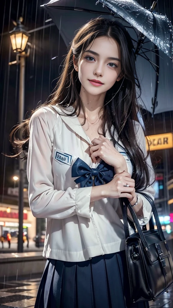 (RAW shooting, Photoreal:1.5, 8k, highest quality, masterpiece, ultra high resolution), perfect dynamic composition:1.2, street corner at night, look up at the sky:1.3, (((Typhoon heavy rain))), Highly detailed skin and facial textures:1.2, Slim high school girl wet in the rain:1.3, sexy beauty, perfect style:1.2, beautiful and aesthetic, Fair skin, very beautiful face, (rain drips all over my body:1.2, wet hair:1.4, wet uniform:1.2), water droplets on the skin, (Medium chest, Chest gap), (embarrassing smile, The expression on your face when you feel intense caress, Facial expression when feeling pleasure), (beautiful blue eyes, Eyes that feel beautiful eros:0.8), (Too erotic:0.9, Bewitching:0.9), cowboy shot, student bag, perfect limbs, perfect fingers