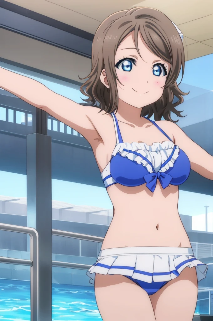 (((pixel-perfect, detail-perfect))), solo, 1girl, you watanabe, eyes azzur, smile, bikini, pool, armpit, big filesize, ultra High Qality