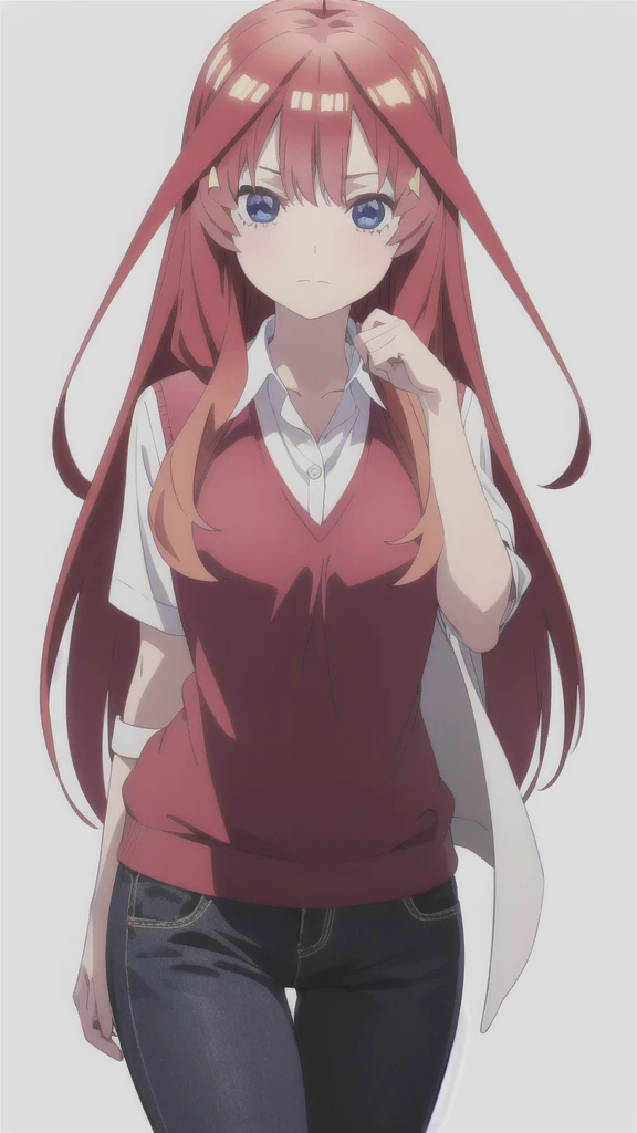 nsfw,masturbation,(((put my hand in your panties:1.5))),alone, 1 girl, looking at the viewer, 2D, anime, anime coloring, Upper body, (pure white background:1.3), itsuki nakano, Red Sweater Vest, Jacket, white shirt, looking at the viewer,dynamic angle,alone, Beautiful woman、I could see the whole body,((detailed face, blush:1.2)), ((smooth texture:0.75, realistic texture:0.65, realistic:1.1, animeCGスタイル)), medium breasts,NSFW, pussy juice,{{{Massive female ejaculation}}}, masturbation, orgasm, pussy juice stain,