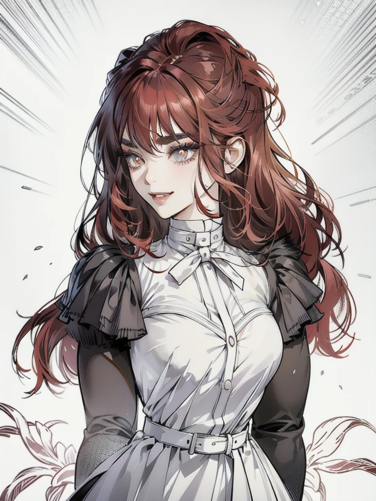 Anime portrait of an original character, volumetric lighting, better shadows, Portrait of an incredibly adult woman, hair stylist, athletic, Beautiful and delicate and attractive face with seductive eyebrows, perfect painted face, sharp eyebrows, smiling widely, gaping mouth, Outward Fangs, Beautiful medium breasts, Afro curly red hair, Blush Eyeshadow, thick eyelashes, stylish clothes, Waist slender, dark pants, With Buckle Belt, in a beauty salon, (highest quallity, incredible details:1.25), (standing alone:1.3), Brightly Colored Paintings  