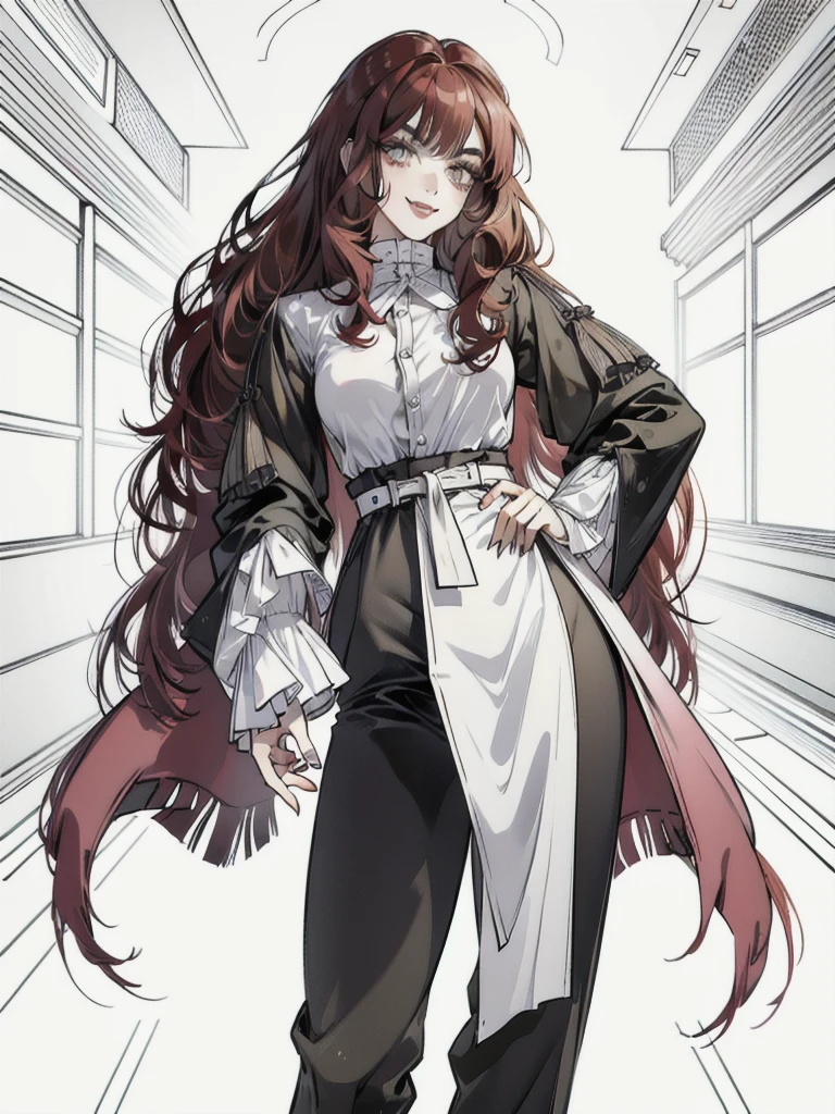Anime portrait of an original character, volumetric lighting, better shadows, Portrait of an incredibly adult woman, hair stylist, athletic, Beautiful and delicate and attractive face with seductive eyebrows, perfect painted face, sharp eyebrows, smiling widely, gaping mouth, Outward Fangs, Beautiful medium breasts, Afro curly red hair, Blush Eyeshadow, thick eyelashes, stylish clothes, Waist slender, dark pants, With Buckle Belt, in a beauty salon, (highest quallity, incredible details:1.25), (standing alone:1.3), Brightly Colored Paintings  