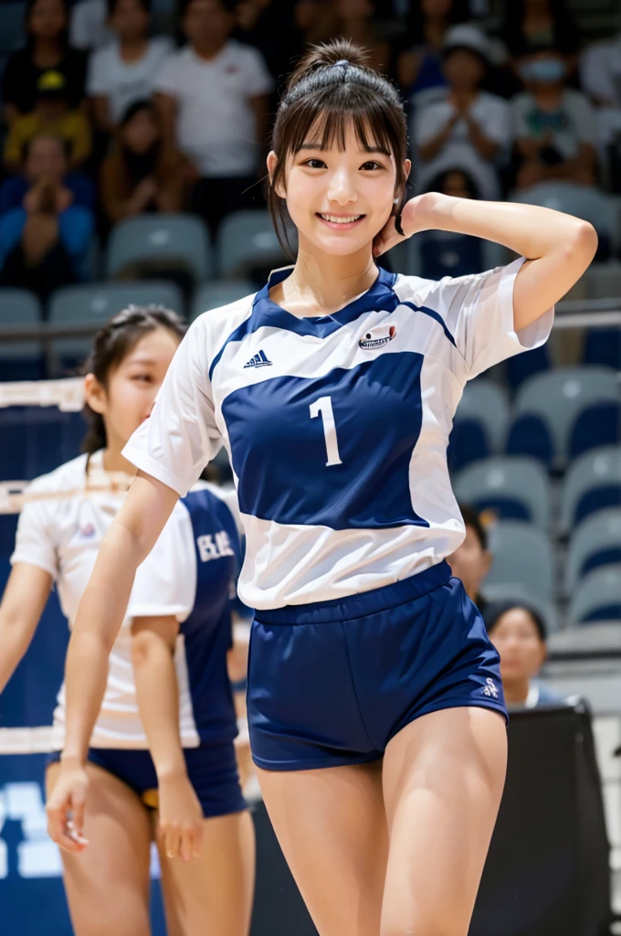High resolution写真、8K、High definition、Ultra Detail、photoReal、High resolution、Realistic and accurate depiction、Realistic and accurate human anatomy、Highest quality、、photoReal、High resolution、Real、photo、pores、High quality、Japanese女子、distinct、Accuracy、Japanese、The ultimate beautiful girl、Perfect toned figure、Perfect Body Shape、whole body、cute、ノースリーブのVolleyball Uniforms、Sweaty skin、On the volleyball court、Volleyball Player、A sporty idol、Short Ponytail、Volleyball match、、Slender volleyball player、Super Fit Volleyball Wear、Shorts、Lively beautiful girl、Volleyball Uniforms、Ministry activities、During the game、Shortcuts、Japanese女性、Boyish beautiful girl、Short Hairstyles、 A refreshing smile、Black Hair