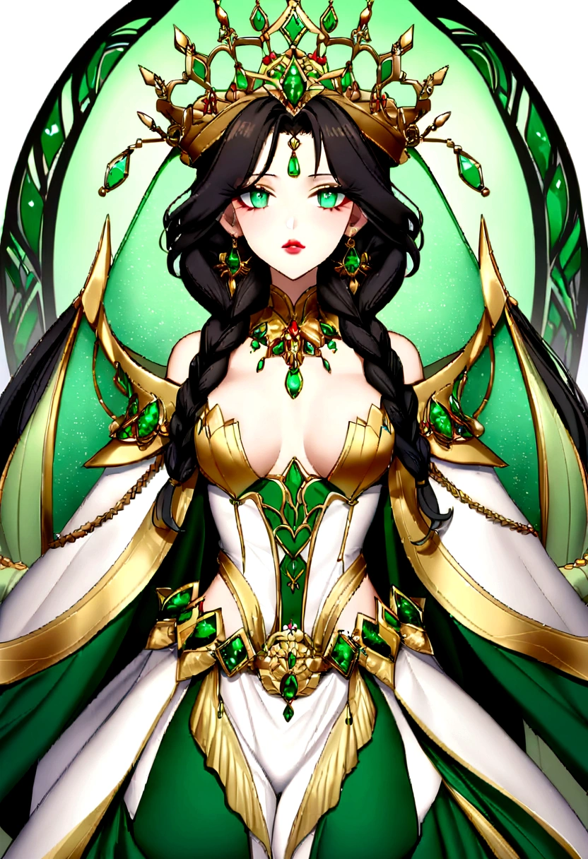 **Name:** Seraphina "Sera" Valtoria **Age:** 28 **Appearance:** Seraphina is strikingly beautiful, with a commanding presence that captivates those around her. She has long, wavy raven-black hair that cascades down to her waist, often adorned with intricate braids and small jewels reflecting her status. Her almond-shaped, emerald-green eyes have a piercing quality, conveying both warmth and an underlying intensity. Her skin is fair, with a hint of olive, and her full lips are usually painted a deep red, symbolizing her transformation from seduction to power. Her attire has evolved significantly. From the revealing, luxurious garments she once wore, meant to entice and allure, she now dons regal, elegantly tailored gowns that reflect her noble status. These dresses, made of the finest silks and adorned with intricate embroidery, blend her sensual past with her current regal bearing. She wears a crown of gold and emeralds, representing her ascent to queenship.