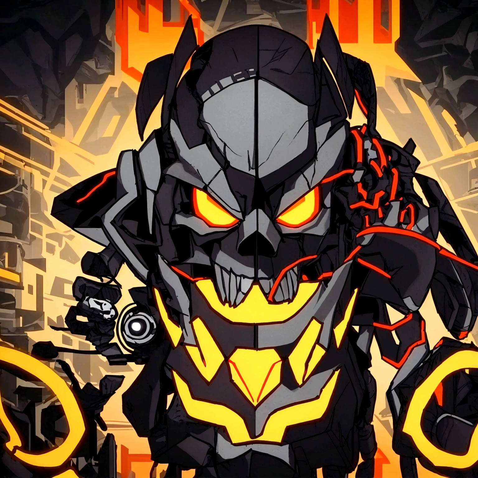 Game development studio logo featuring three interconnected stylized skulls. 1) 3D modeler skull: 45-degree right, low poly, wireframe, headphones, UI elements, blues/teals. 2) Programmer skull: front-facing, made of code, cursor eye, loading icon eye, motion lines, neon green on black. 3) Game designer skull: 30-degree left, book-inspired, quill nose, story elements, game icon teeth, yellows/oranges/purple. Arranged in triangle, slightly overlapping, unified sketch/digital style. Subtle circuit board background. Studio name integrated. Soft inner glow, connecting lines between skulls. Main skull (3D modeler) slightly larger, foreground. Mix of smooth and rough textures. High contrast, vibrant colors, professional yet edgy aesthetic