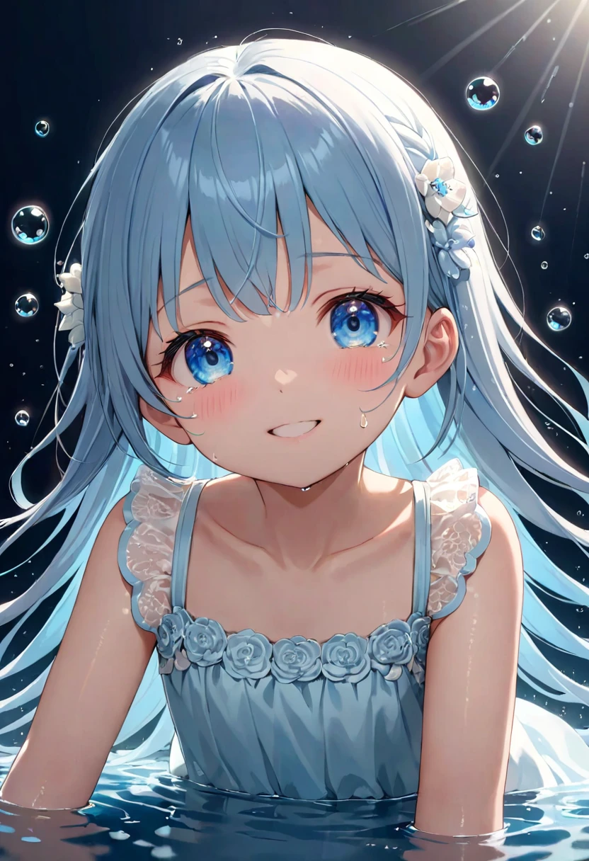 masterpiece, best quality, extremely detailed, (illustration, official art:1.1),adorable face、 1 girl ,(((( light blue long hair)))),pale blue hair,, long hair、 ((blush)) , cute face, big eyes, masterpiece, best quality,(((((a very delicate and beautiful girl))))),Amazing,beautiful detailed eyes,blunt bangs((((little delicate girl)))),tareme(true beautiful:1.2), sense of depth,dynamic angle,toddler,, affectionate smile, (true beautiful:1.2),,(tiny 1girl model:1.2),)flat chest、(Masterpiece),(((full bodyesbian))), (Best quality), (Ultra detailed),(disheed hair),(illustration), (1girll), (Fashionable clothing), , Fashion model, (Simple background),Beautiful and delicate eyes,Delicate beauty,afloat,(high saturated),(Colorful splashes),Colorful bubbles,(Shine),Focus on the face,,By bangs,,Floating flowers,floated hair,(Shiny),best illuminate,Best shadow,Speak with a smile,one girl, best quality, (hyper detailed:1.8), visual novel, water drop, blue scale, sunlight, , , crying,,wind blowing from below and tear drops from eyes are floating in air,
