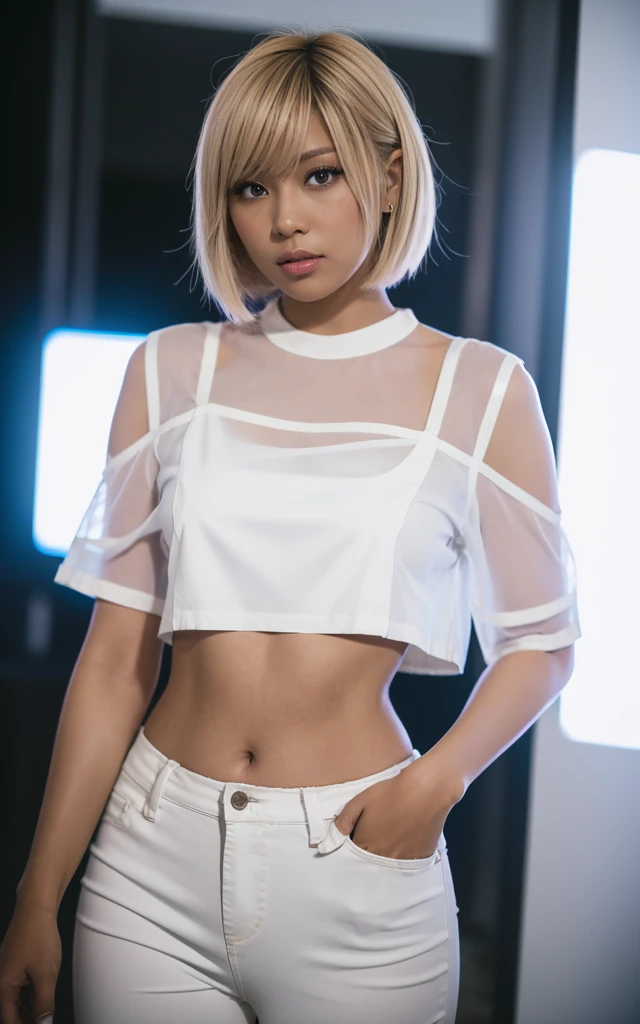 gyaru, dark-skinned, blond hair, short cut hair, wearing white cropped shirt, wearing black flared pants, thick fog, sony a7, film grain, dark night, Photorealistic, one-point perspective, 32K, cinematic lighting, full body shot
