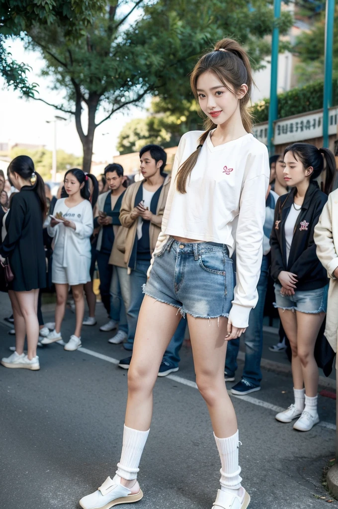 (((best quality))),(((ultra detailed))),(((masterpiece))),illustration,((1 beautiful girl,solo)),((slim,thin)),((small breasts,flat chest)), outside school gate, summer twilight, sunlight,(short ponytail:1.3),((white long-sleeved shirt)),(clavicalis:1.3),((denim shorts,slender legs,white socks,slippers)),animated face, excited eyes, sounds of laughter, chatter, excitement of summer vacation, air filled with energy, school gate golden glow, symbol of end of academic year, schoolyard transformed, reunion, farewells, embracing setting sun, face illuminated, moment captured, fleeting instant, essence of summer, carefree spirit, youthful exuberance, embodiment of season, sun dips, rosy glow, joy of living,promise of adventures,((standing,from front,full body)),(surrounded by crowded crowds:1.3)