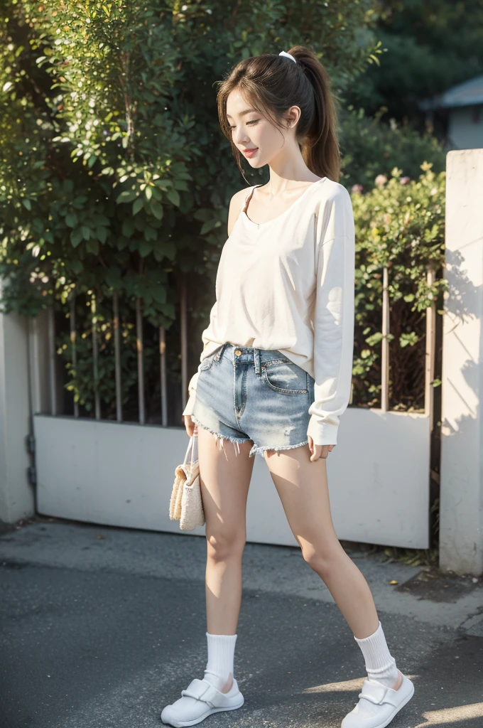 (((best quality))),(((ultra detailed))),(((masterpiece))),illustration,((1 beautiful girl,solo)),((slim,thin)),((small breasts,flat chest)), outside school gate, summer twilight, sunlight,(short ponytail:1.3),((white long-sleeved shirt)),(clavicalis:1.3),((denim shorts,slender legs,white socks,slippers)),animated face, excited eyes, sounds of laughter, chatter, excitement of summer vacation, air filled with energy, school gate golden glow, symbol of end of academic year, schoolyard transformed, reunion, farewells, embracing setting sun, face illuminated, moment captured, fleeting instant, essence of summer, carefree spirit, youthful exuberance, embodiment of season, sun dips, rosy glow, joy of living,promise of adventures,((standing,from front,full body)),(surrounded by crowded crowds:1.3)