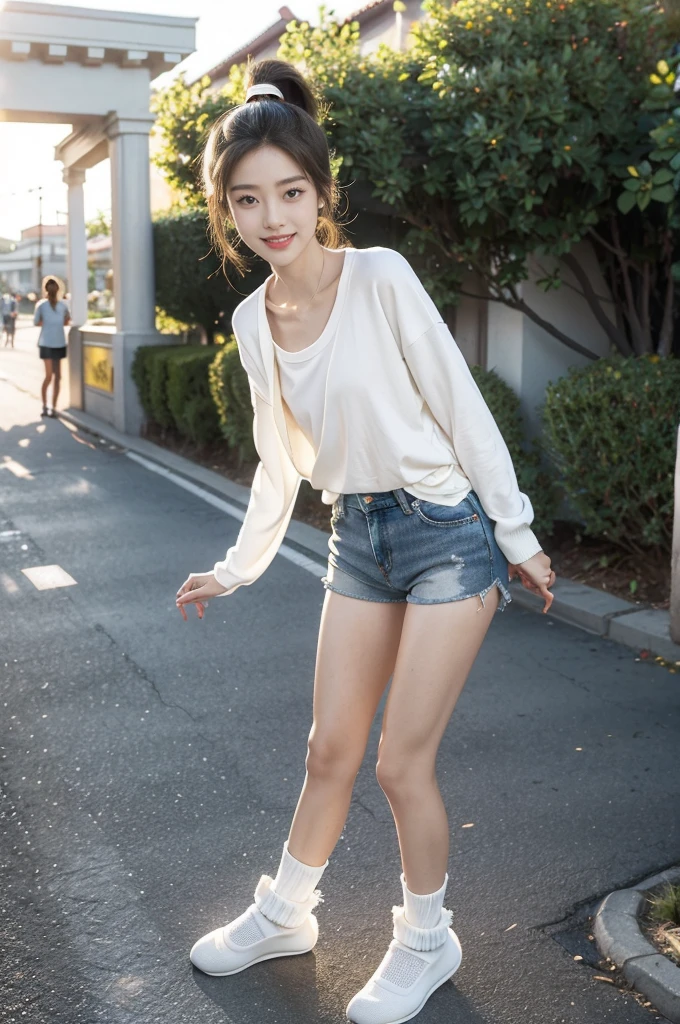 (((best quality))),(((ultra detailed))),(((masterpiece))),illustration,((1 beautiful girl,solo)),((slim,thin)),((small breasts,flat chest)), outside school gate, summer twilight, sunlight,(short ponytail:1.3),((white long-sleeved shirt)),(clavicalis:1.3),((denim shorts,slender legs,white socks,slippers)),animated face, excited eyes, sounds of laughter, chatter, excitement of summer vacation, air filled with energy, school gate golden glow, symbol of end of academic year, schoolyard transformed, reunion, farewells, embracing setting sun, face illuminated, moment captured, fleeting instant, essence of summer, carefree spirit, youthful exuberance, embodiment of season, sun dips, rosy glow, joy of living,promise of adventures,((standing,from front,full body)),(surrounded by crowded crowds:1.3)