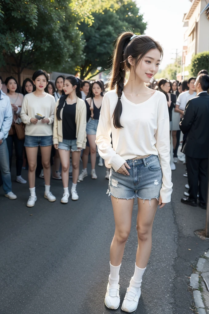 (((best quality))),(((ultra detailed))),(((masterpiece))),illustration,((1 beautiful girl,solo)),((slim,thin)),((small breasts,flat chest)), outside school gate, summer twilight, sunlight,(short ponytail:1.3),((white long-sleeved shirt)),(clavicalis:1.3),((denim shorts,slender legs,white socks,slippers)),animated face, excited eyes, sounds of laughter, chatter, excitement of summer vacation, air filled with energy, school gate golden glow, symbol of end of academic year, schoolyard transformed, reunion, farewells, embracing setting sun, face illuminated, moment captured, fleeting instant, essence of summer, carefree spirit, youthful exuberance, embodiment of season, sun dips, rosy glow, joy of living,promise of adventures,((standing,from front,full body)),(surrounded by crowded crowds:1.3)
