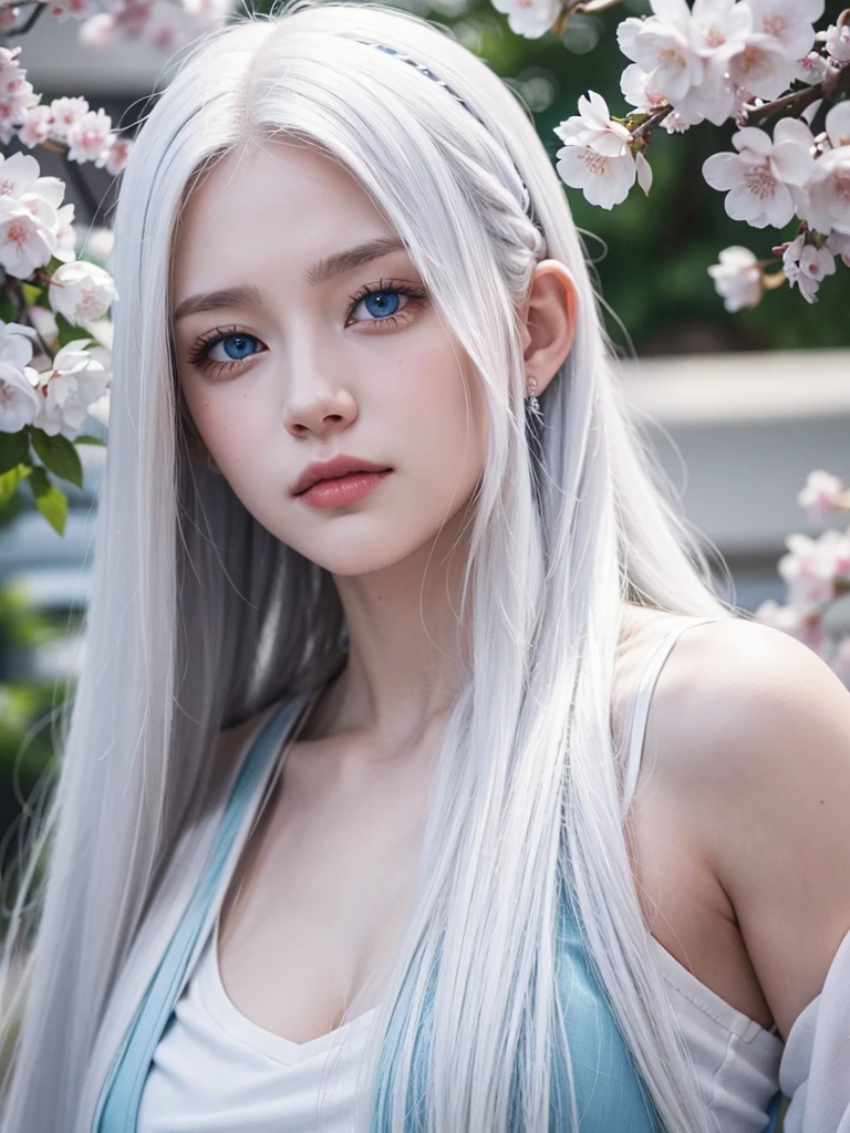 Long white hair, blue eyes, serious features, white skin, Sakura