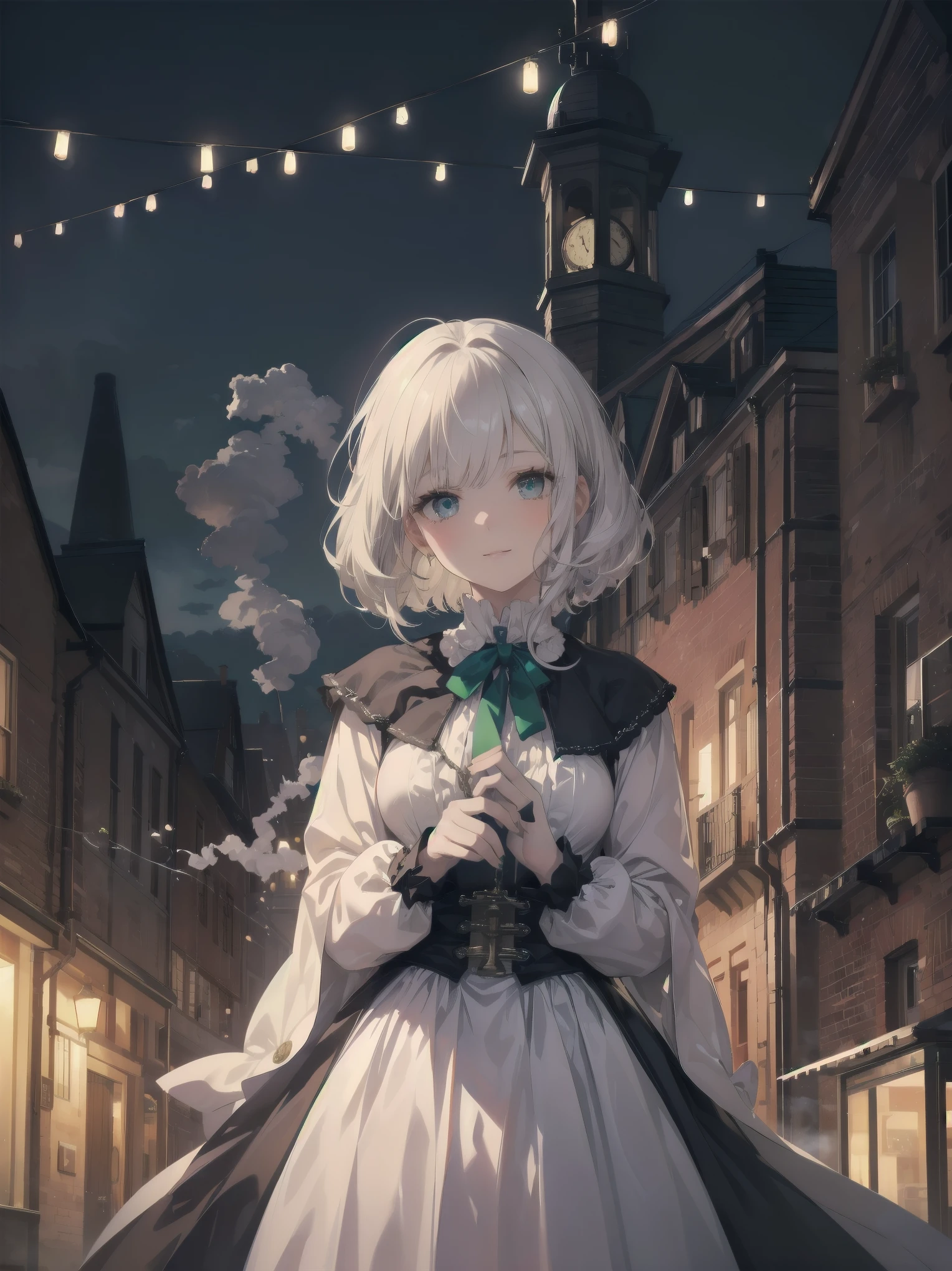 (Highest quality、16K、masterpiece、Ultra-high resolution、Victorian era、Photorealistic:1.2)、A delicate Lolita girl, aged 13, stands on a castle balcony at dusk, surrounded by the city's skyline and steampunk contraptions. Her platinum hair is messy, framing her androgynous charm. She wears a flowing white dress with a light green tie and holds a pocket watch in hand. A subtle smile plays on her lips as she gazes out at the night view, her eyes shining like sapphires. The air is filled with steam spewing from pipes, adding to the surreal atmosphere. Her skin glows with an ultra-dense texture, and her fingers are full and detailed.