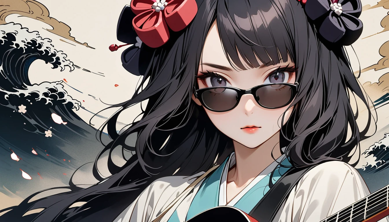 (((Highest quality))), (((Katsushika Hokusai))), (((Ink Painting))), ((very straight longhair)), ((1 girl)), ((sunglasses)), ((beautiful girl)), ((Holding a Les Paul guitar)), Japanese style headphones, Black Hair, Delicate and precise, Modern ukiyo-e style, face close up