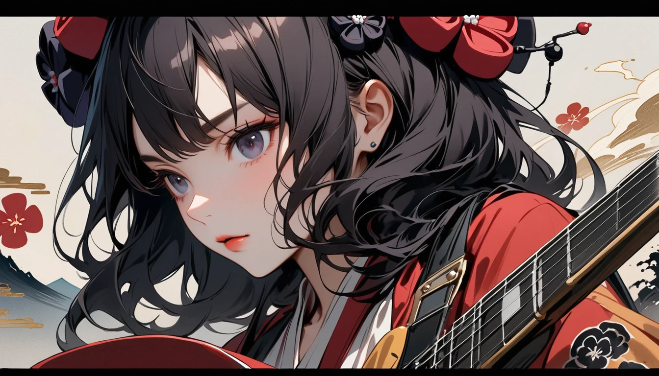 (((Highest quality))), (((Katsushika Hokusai))), (((Ink Painting))), ((very straight longhair)), ((1 girl)), ((sunglasses)), ((beautiful girl)), ((Holding a Les Paul guitar)), Japanese style headphones, Black Hair, Delicate and precise, Modern ukiyo-e style, face close up