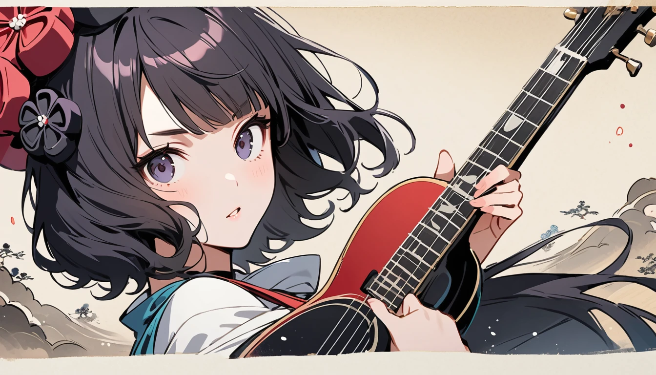 (((Highest quality))), (((Katsushika Hokusai))), (((Ink Painting))), ((very straight longhair)), ((1 girl)), ((sunglasses)), ((beautiful girl)), ((Holding a Les Paul guitar)), Japanese style headphones, Black Hair, Delicate and precise, Modern ukiyo-e style, face close up