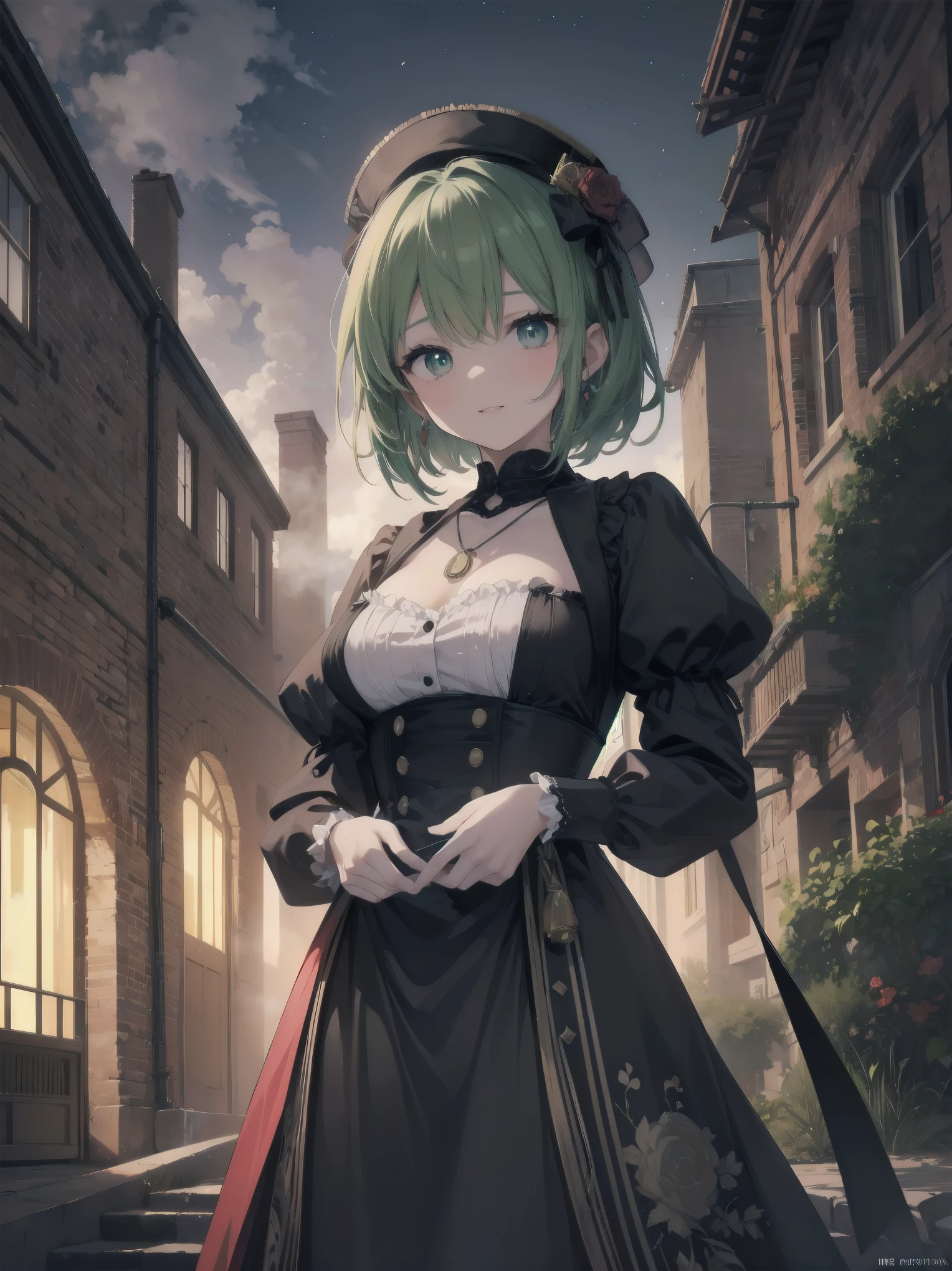 (Masterpiece:1.2), (Top quality: 1.2), Super high resolution, Very detailed,.
BREAK.
, ((Anime girl standing with happiness in her hands)), Crazy girl, (1,Lolita,Boyish, , 12 years old: 1.3), Light smile, , Girl looking like a boy, Bob-cut hair, Shaggy hair, Very large breasts, nubile, slender body, overflowing with soft fat mass. Small hips, Vertically large eyes, Fine and beautiful eyes, Well-proportioned irises and pupils, Expressive eyes, Beautifully detailed lips, High resolution detailed hair, Perfect eyes, Perfect face, Super dense skin, Full fingers, Perfect lighting,.
BREAK,.
((light green necklace)), ((black and red fine dress: 1.3)), light green tie, shining sapphire, lady, wearing white gloves,.
BREAK.
, (Steampunk), Castle balcony, Skyscraper, Night view, Equipment, Ancient ruins, Tradition, Overwhelming, Magnificent, Steam, Pipes, (Steam spewing out from pipes:1.2), Fantasy, Victorian other world, Early 19th century, Road, trees, clouds, night sky, shading, effects, detail. Masterpiece background,
BREAK.
((Positive: 1.3)),.
BREAK.
, digital animated art, cartoon-style illustrations, cartoon illustrations