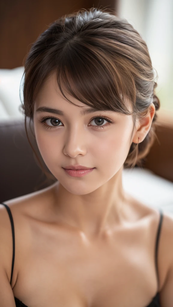 Highest quality, , Soft Light, Ultra-high resolution, (Realistic:1.4), RAW Photos, 1 Swedish girl, alone, Or a  face,Baby y pose、(A shy smile:0.5), (Brown eyes, Light in your eyes), Short and busty,(Updo)
