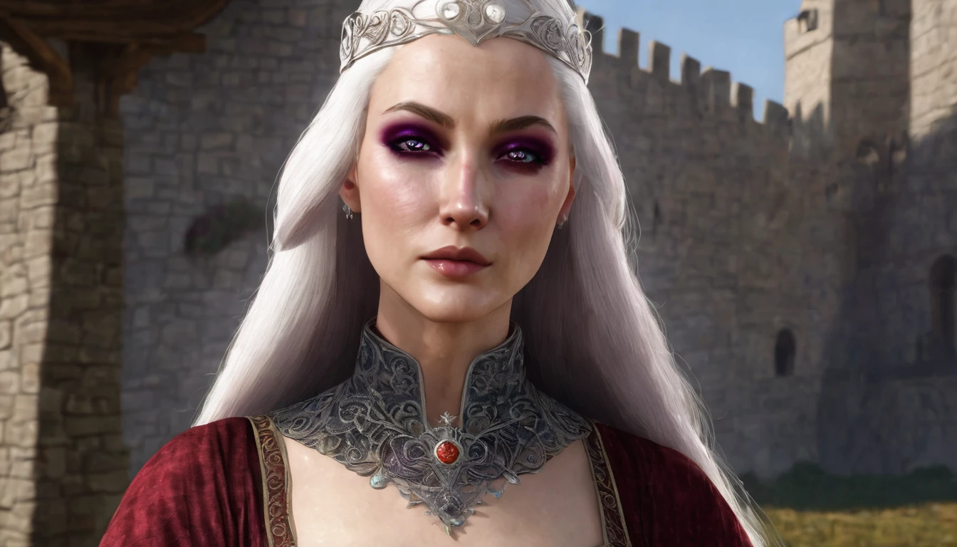 Make me an image in the Game of Thrones universe: Targaryen woman, with platinum hair and violet eyes, fair skin, an oval and delicate face. Make her wearing a red and simple medieval dress