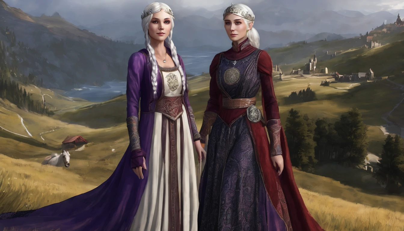 Make me an image in the Game of Thrones universe: Targaryen woman, with platinum hair and violet eyes, fair skin, an oval and delicate face. Make her wearing a red and simple medieval dress