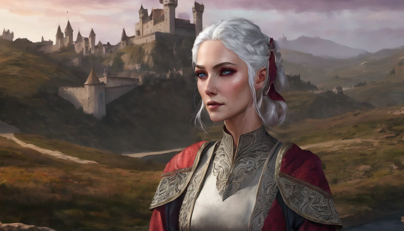 Make me an image in the Game of Thrones universe: Targaryen woman, with platinum hair and violet eyes, fair skin, an oval and delicate face. Make her wearing a red and simple medieval dress