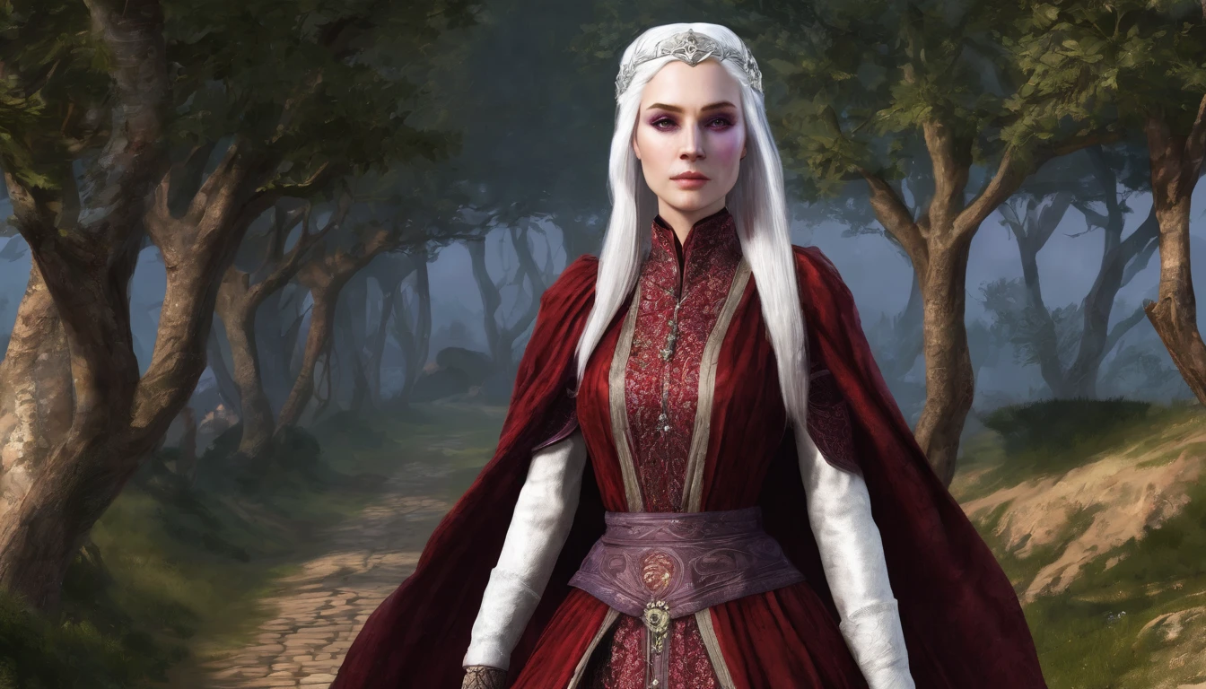 Make me an image in the Game of Thrones universe: Targaryen woman, with platinum hair and violet eyes, fair skin, an oval and delicate face. Make her wearing a red and simple medieval dress