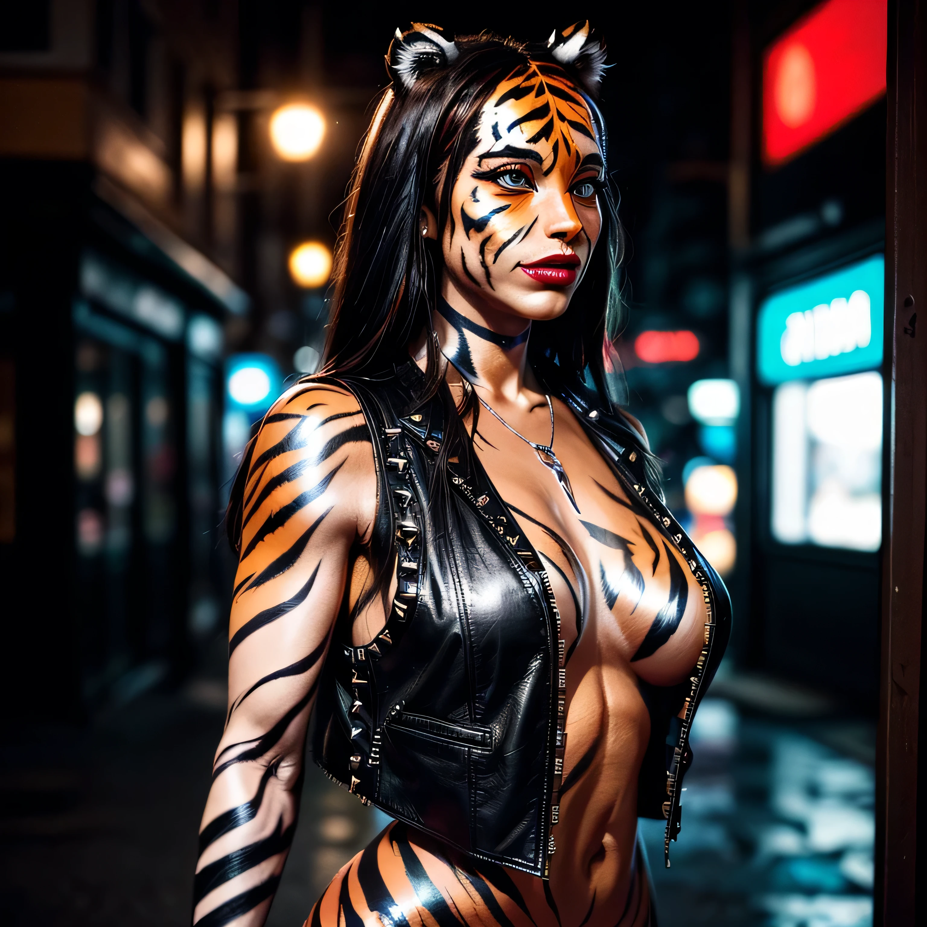 (masterpiece, photorealistic:1.4, extremely intricate:1.3), (photon mapping, radiosity, physically based rendering, ultra resolution, hyper-realistic, 8K), ((mature female, [bodybuilder:supermodel:0.8], ((([large breasts:medium breasts:0.4], black leather vest, chrome rivets, ((tiger bodypaint), topless)), ruby necklace, serious, sad, 30 years old, elegant:1.2)), long eyelashes, [side view:from above:0.3], ((makeup:1.2, red lips)), [skin detail:freckles:0.8]), ((background futuristic neon cyberpunk city street)) professional photograph, (((straight long hair [black hair:bright orange hair:0.6])))), BREAK ((sharp focus, dramatic, award winning, cinematic), bokeh, blurry background, interaction, metal reflections), bright eyes
