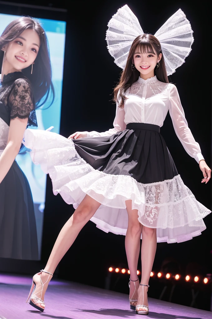 Amazingly large eyes、Smiling expression with white teeth visible、H cup bust、50cm waist、Slender and fair-skinned、Japan woman with long hair、20-year-old、Slim figure、Wearing a pleated skirt and a sheer lace blouse that flutters in the vivid breeze、Wearing high heels。On the runway at a fashion show、Her whole body was shown, from her high heels to her head, as she walked towards the viewer.、Bright, photo-quality images。
