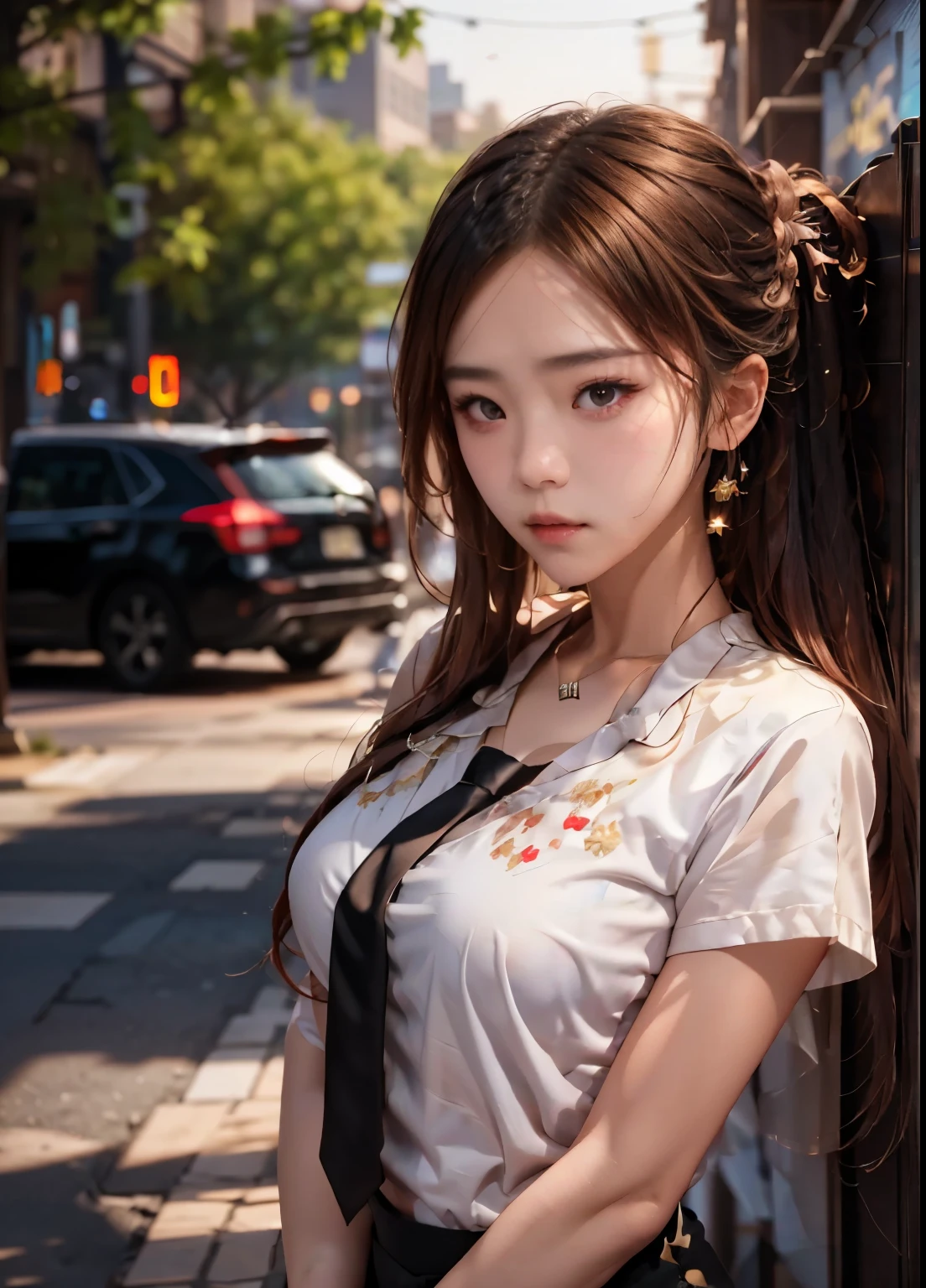 (8K, raw photo, best quality, masterpiece:1.2),(realistic, realistic:1.37), ((best quality)), ultra high resolution,매우 상세한 CG Unity 8K 월페이퍼, Physically Based Rendering,cinematic lighting,reply, (bokeh:1.4), (((1 girl))), smarmy, (slim waist),higashiyama kobeni,black hair,red hairpin,sweat,uneasy,white shirt,black tie,black pants,convenience store,