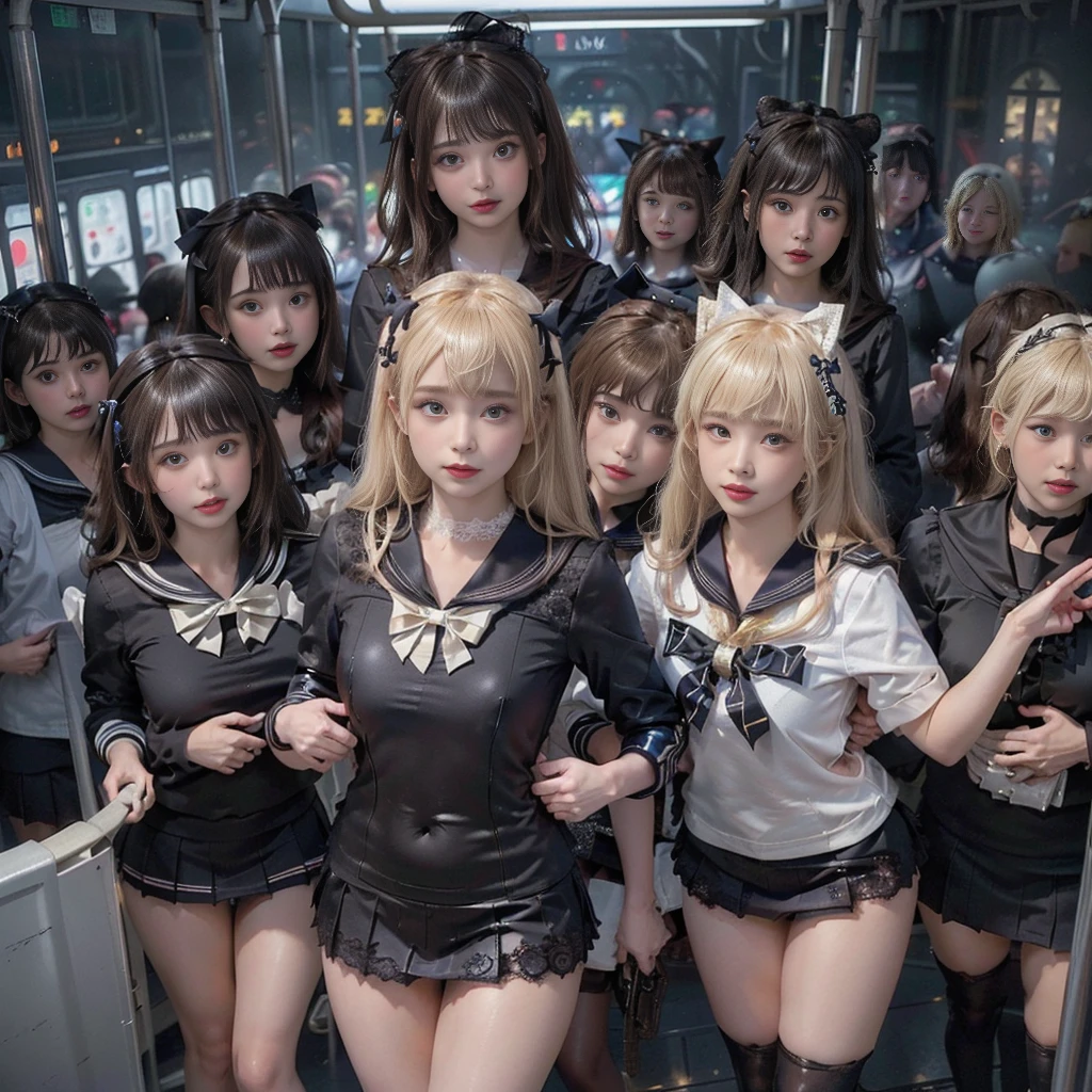 8K resolution, surreal, Super detailed, high quality, perfect anatomy, perfect proportion, masterpiece,
((((((A group photo in crowded train at night, 6 girls, group photo)))))),
(((((purple, black face mask, sailor collar, sailor uniform, Lace, mini skirt, bow ribbon))))),
((((happy, grin, detailed face)))),
((((blond hair, bleached hair)))), (((impossible breasts))),
(((shiny oiled skin, detailed skin))),
(((tight clothes, thigh, bare legs))), looking at viewer