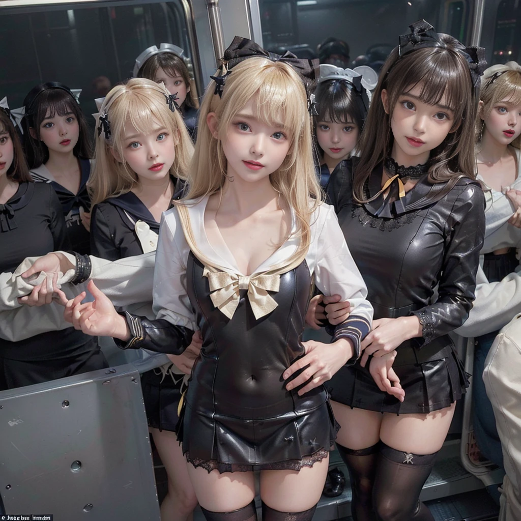 8K resolution, surreal, Super detailed, high quality, perfect anatomy, perfect proportion, masterpiece, nsfw++, 
((((((A group photo in crowded train at night, 6 girls, group photo)))))), 
(((((black face mask, sailor collar, sailor uniform, Lace, micro mini skirt, bow ribbon))))), 
((((happy, grin, detailed face)))), 
((((blond hair, bleached hair)))), (((impossible breasts))),  
(((shiny oiled skin, detailed skin))), 
(((tight clothes, thigh, bare legs))), looking at viewer