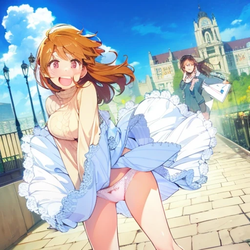 blush、smile、Long sleeve sweater、Big Tits、Huge breasts、Handsome、Brown Hair、Pink underwear、28 year old sister、Lace Underwear、Checkered Skirt
