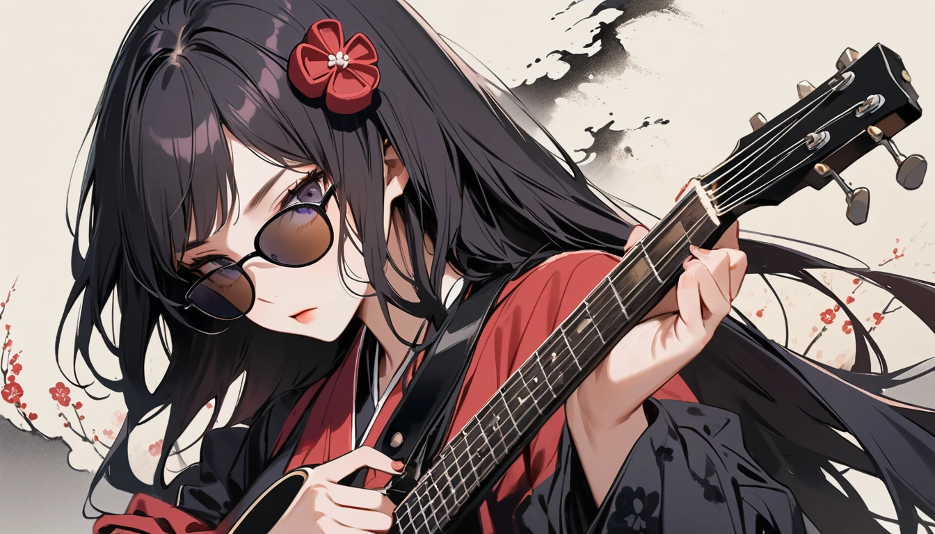 (((Highest quality))), (((Katsushika Hokusai))), (((Ink Painting))), ((very straight longhair)), ((1 girl)), ((sunglasses)), ((beautiful girl)), ((Holding a Les Paul guitar)), Japanese style headphones, Black Hair, Delicate and precise, Modern ukiyo-e style, face close up