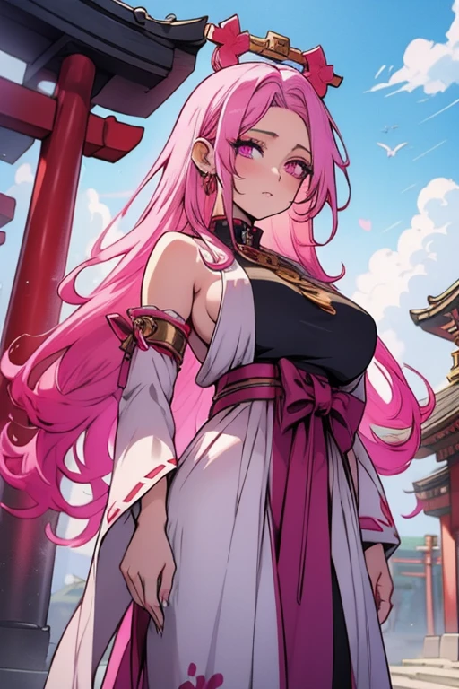 A pink haired woman with violet eyes and an hourglass figure in a sexy shrine maiden outfit is standing in a temple