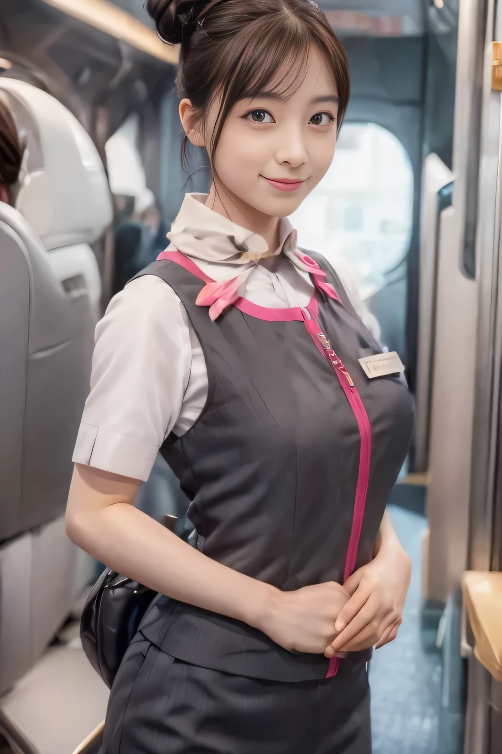 (masterpiece:1.2, Highest quality:1.2), 32k HDR, High resolution, (alone、One Girl)、（Ride the bullet train、Professional Lighting）、Background in the car、（Realistic style of JR Gran Class crew uniform）、Short sleeve blouse、a scarf around the neck、（JR Gran Class flight attendant uniform with pink parts on the skirt sleeves）、（The uniform of the flight attendants of JR Gran Class has a pink line on the front zipper of the vest..）、Dark brown hair、（Hair tied up、Hair Bun、Hair Bun）、Dark brown hair、Long Shot、Big Breasts、（（Great hands：2.0）），（（Harmonious body proportions：1.5）），（（Normal limbs：2.0）），（（Normal finger：2.0）），（（Delicate eyes：2.0）），（（Normal eyes：2.0））)、Luxury Necklace、smile、Beautiful standing posture,