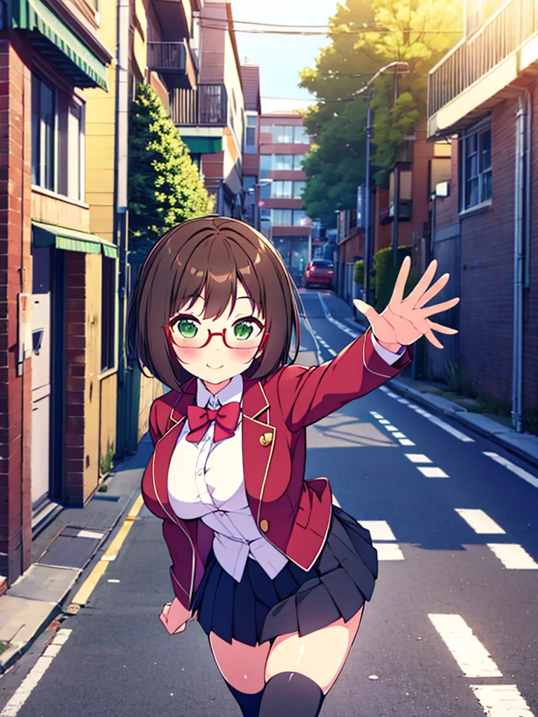 score_9, score_8_up, score_7_up, source_anime,
pinup of 1girl solo, dating, smile, blush, fov, looking up, looking at viewer,
outdoors, street, lamppost, day, sunbeam,
mekwmk, short hair, brown hair, bangs, green eyes, large breasts, medium breasts,
red eyewear, semi-rimless eyewear, , blazer jacket, bowtie, grey skirt, black thighhighs, zettai ryouiki,
detailed eyes,