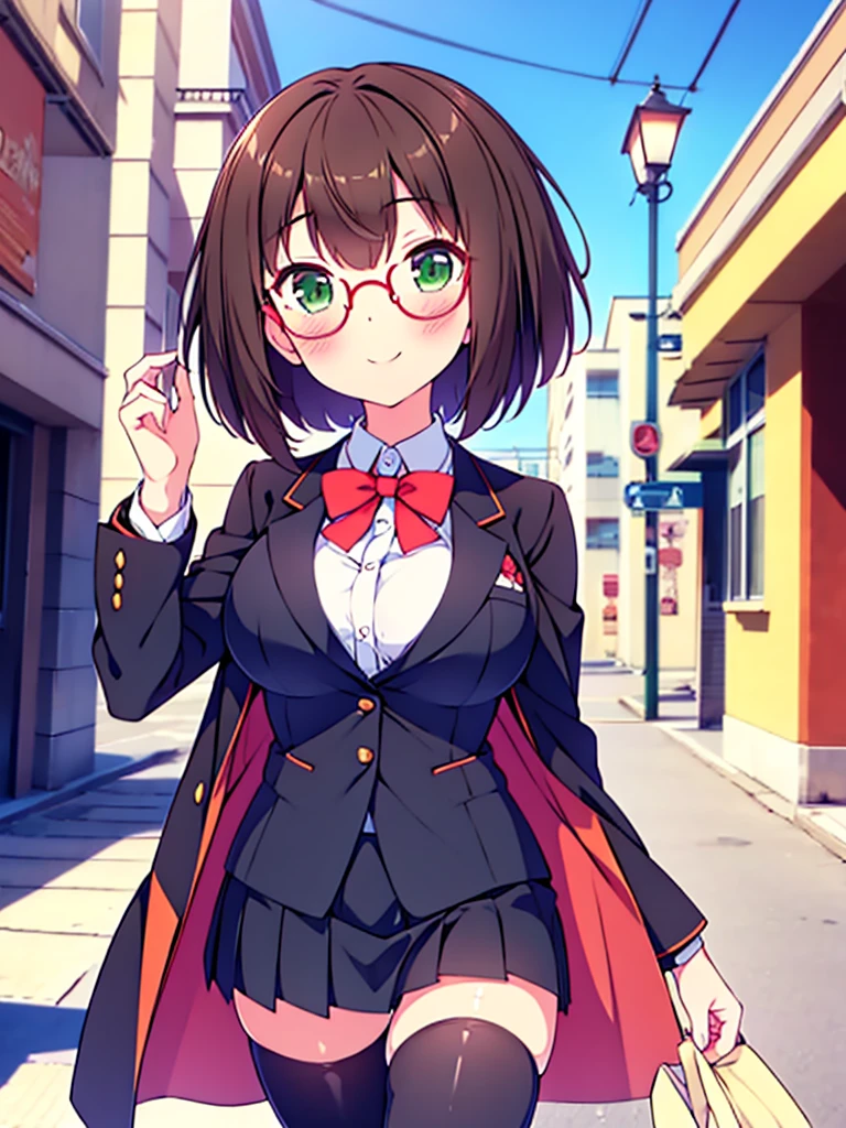 score_9, score_8_up, score_7_up, source_anime,
pinup of 1girl solo, dating, smile, blush, fov, looking up, looking at viewer,
outdoors, street, lamppost, day, sunbeam,
mekwmk, short hair, brown hair, bangs, green eyes, large breasts, medium breasts,
red eyewear, semi-rimless eyewear, , blazer jacket, bowtie, grey skirt, black thighhighs, zettai ryouiki,
detailed eyes,