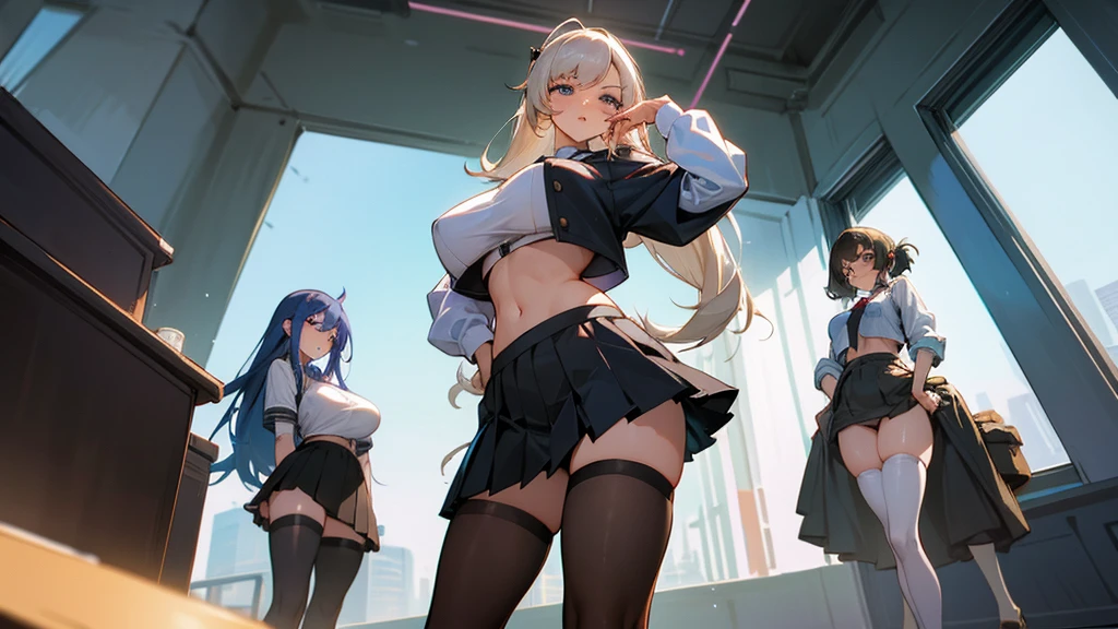 huge breasts, 3girls, sexual poses, crop top, skirt, thigh highs, schoolgirls, tall, taking of clothes,