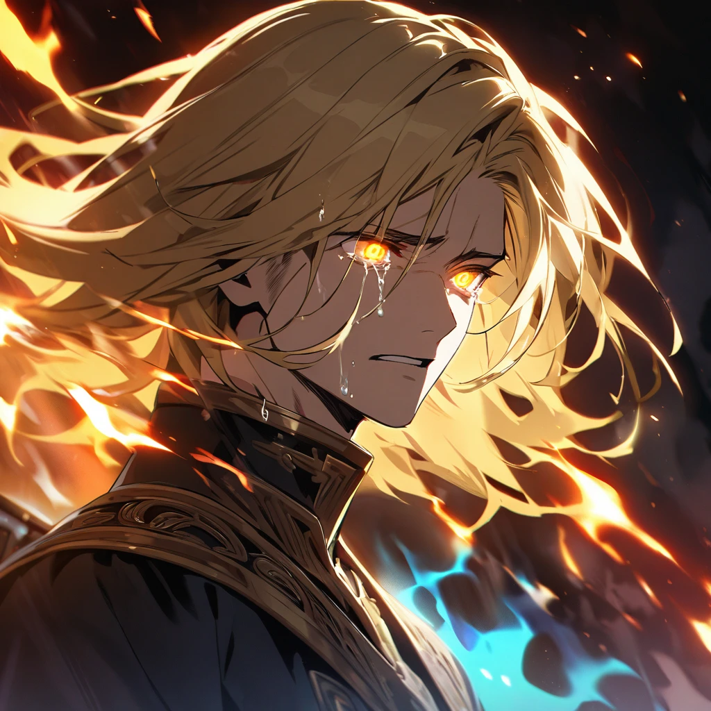 male, solo, handsome, blond hair, god, god eyes, glowing eyes, light, aura, holo, golden, crying