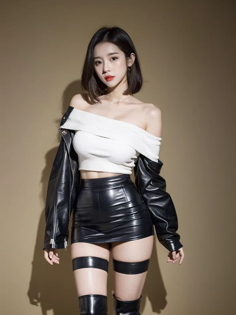 Taiwanese women,Female Model,Slim,Good shape,big breasts,HD, off-shoulder Crop top , leather mini skirt,under knee boots,blond,whole body photo