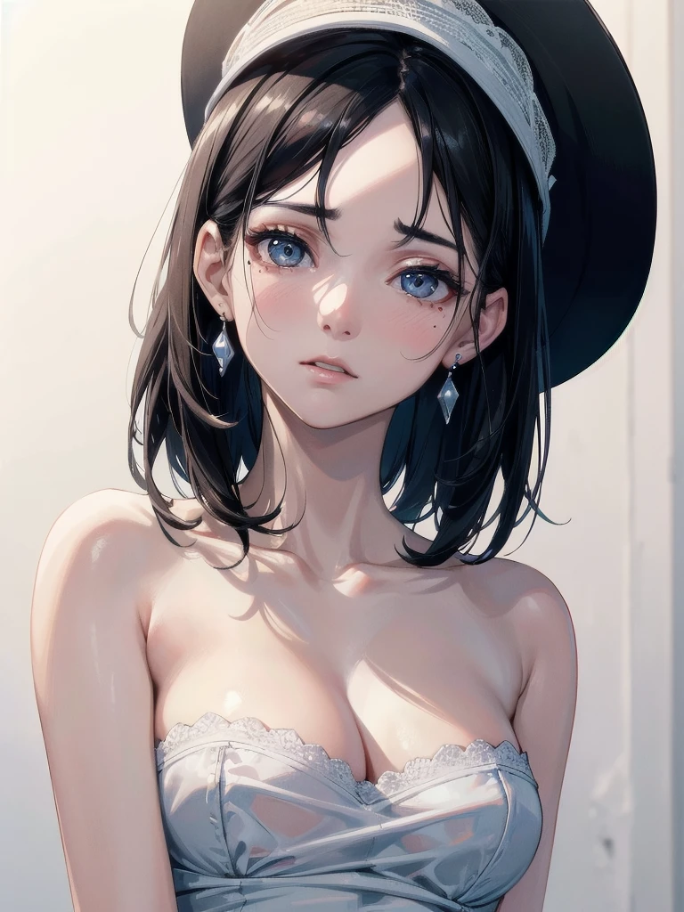 absurdres, RAW photo, extremely delicate and beautiful, masterpiece, Best Quality, ultra high resolution, 32k, hyperrealistic, ultra-detailed, in her 20s, delicate facial features, tearful mole, earring, medium breasts, full body shot, shorter middle hair, black hair, strapless, white shirt, short, snapback hat,