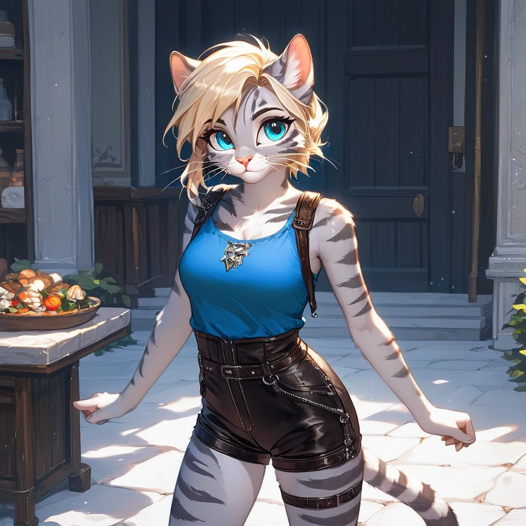 score_9,score_8_up,score_7_up, source_cartoon, source_furry, kat, (masterpiece, best quality:1.2), an anthro furry feline girl, silver fur, grey stripes, pink nose, solo, :3, blue eyes, white whiskers, short blonde hair, pony tail, side locks, tall body, wearing short blue tunic, leather straps, brown strapped leather shorts, standing