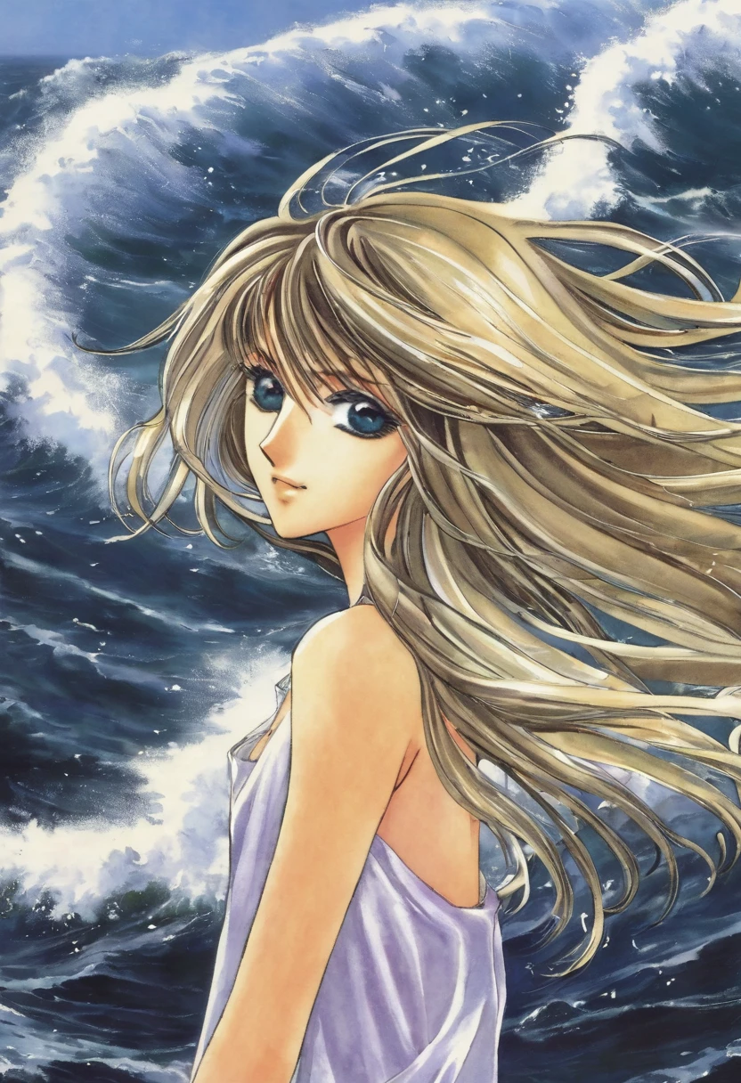 "Create an anime-style artwork of a girl with wind blowing through her hair.Her eyes should look like she's from code geass Her hair should flow dynamically in the wind, capturing a sense of movement and freedom. The background should hint at a windswept landscape or a beach with blurred images of crashing waves and flying seagulls, emphasizing the natural and serene atmosphere around her."