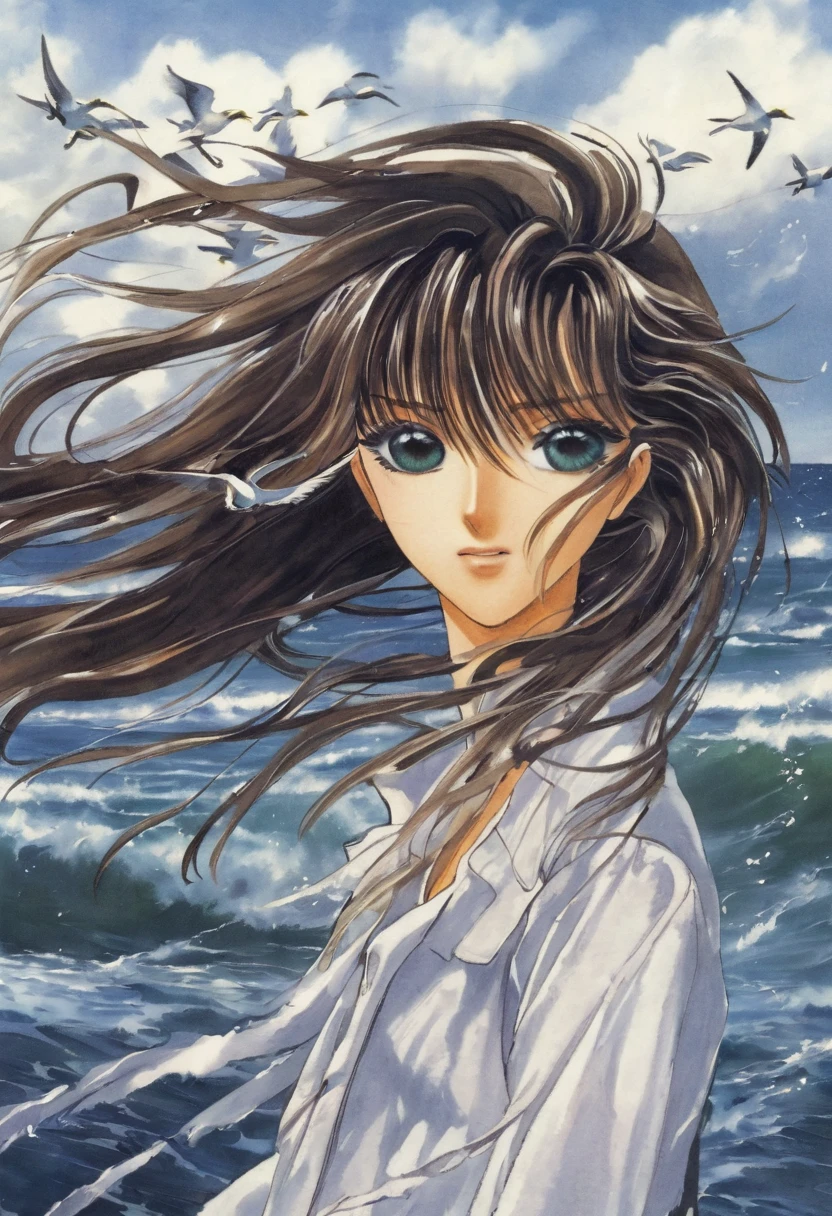 "Create an anime-style artwork of a girl with wind blowing through her hair.Her eyes should look like she's from code geass Her hair should flow dynamically in the wind, capturing a sense of movement and freedom. The background should hint at a windswept landscape or a beach with blurred images of crashing waves and flying seagulls, emphasizing the natural and serene atmosphere around her."