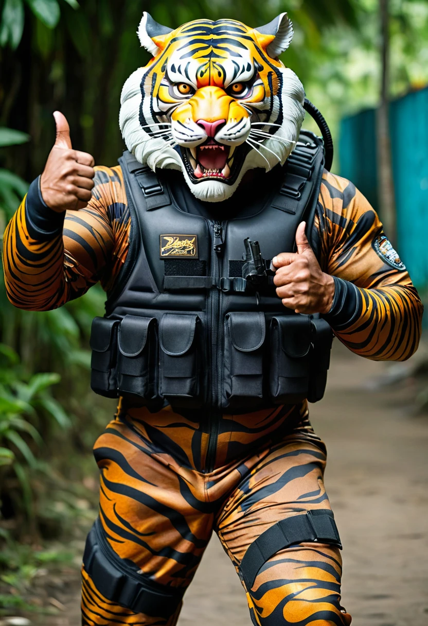 (a dark-skinned fat muscular old man in a bulky camouflage zipper diver suit) carrying a gun and (wearing realistic roaring siberian tiger mask), thumbs up, muscular, Basuki Abdullah, sumatraism, action, a character portrait, heroic, fierce, snarling